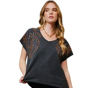 NEW blue b Black Garment Washed Embroidered Cowboy Stitch Rhinestone T-shirt